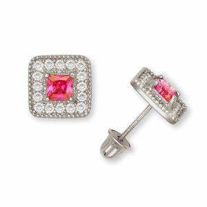 14K Solid White Gold Halo Princess Studs Screw Back Earrings w/ Sparkly Stones